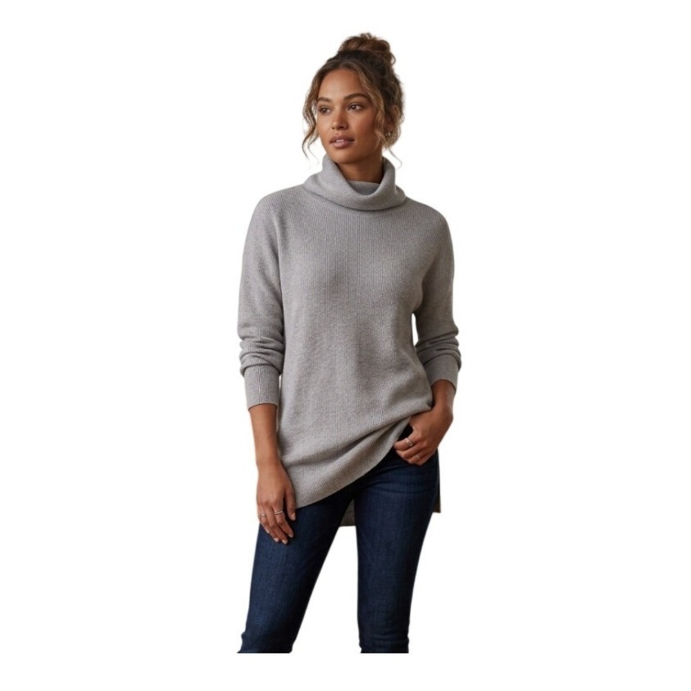 Marled by Reunited Rolled Collar Turtleneck Sweater Grey Waffle Knit S
